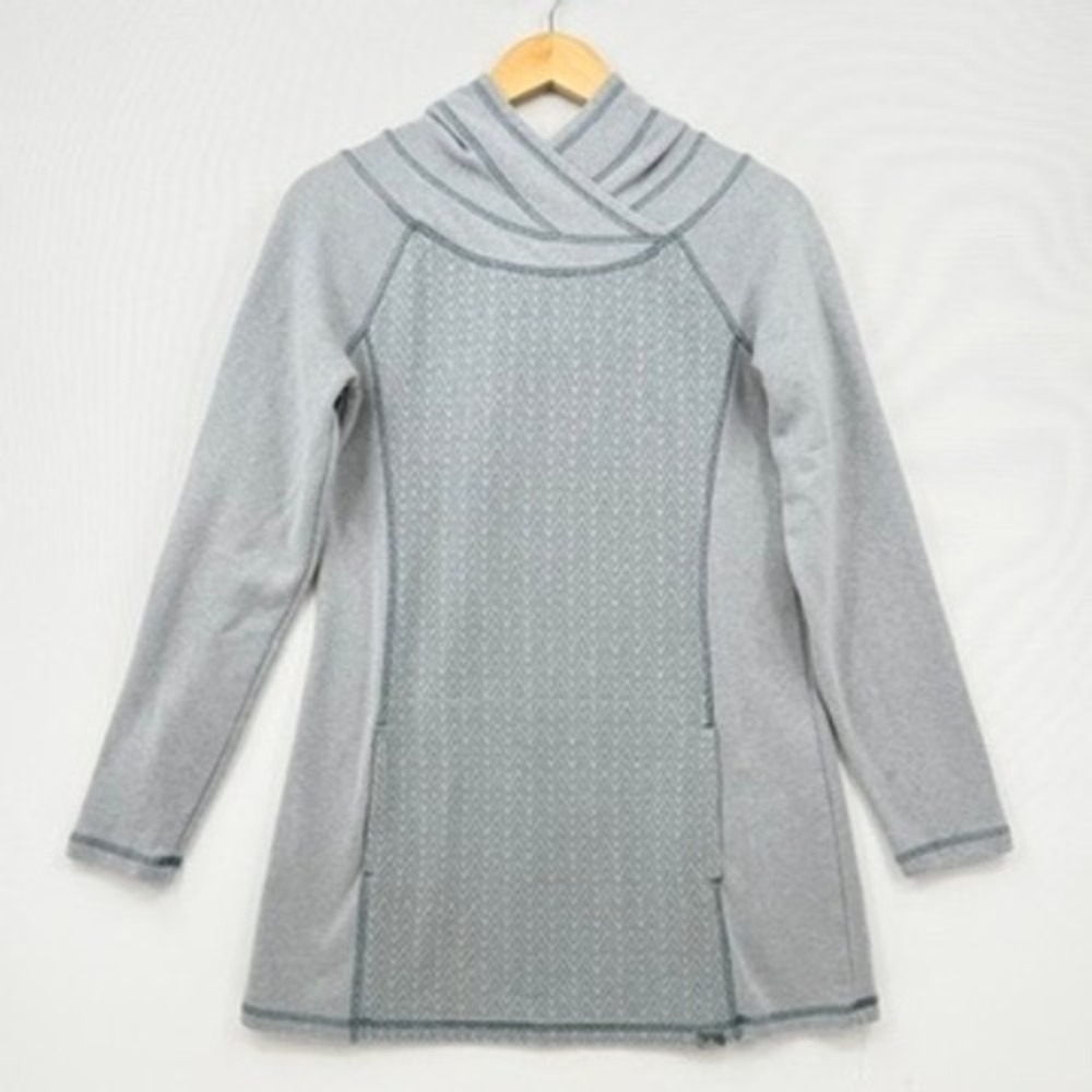 Prana Hooded Tunic Sweater Womens Medium Gray Chevron Knit Gorpcore Cabin